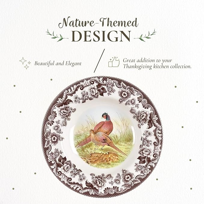 Spode Woodland Pheasant 9" Soup Plate - Rustic Fine Earthenware Bowl with Game Bird Design for Soup, Pasta or Salad - Dishwasher, Microwave, Oven & Freezer Safe - Mix & Match with Woodland or Delamere