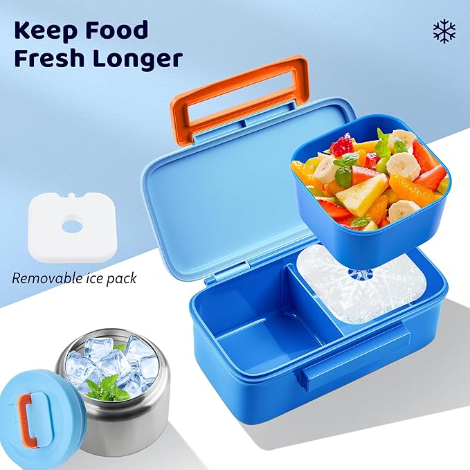 Lunch Box for Kids With 8oz Soup Thermo, Leak-proof Lunch Container with 2 Compartments, Thermo Food Jar Food Containers for Back to School Girls Boys (Blue)