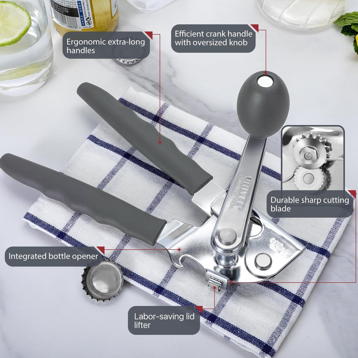 Commercial Can Opener, UHIYEE Hand Crank Can Opener Manual Heavy Duty with Comfortable Extra-long Handles, Oversized Knob, Large Handheld Can Open Easy for Big Cans, Gray