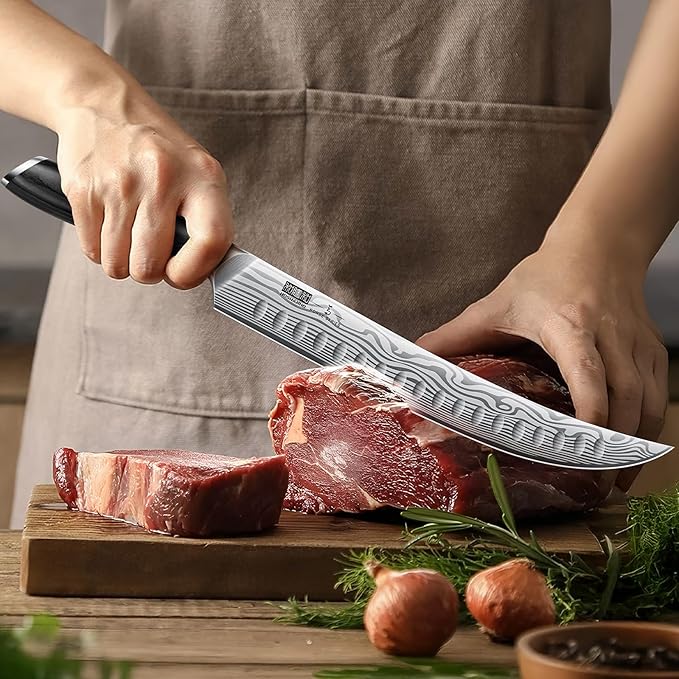 HOSHANHO Carving Kinfe 10 Inch, Forged High Carbon Powder Steel Butcher Breaking Knife, Razor Sharp Curved Brisket Slicing Kinfe for BBQ & Meat Cutting