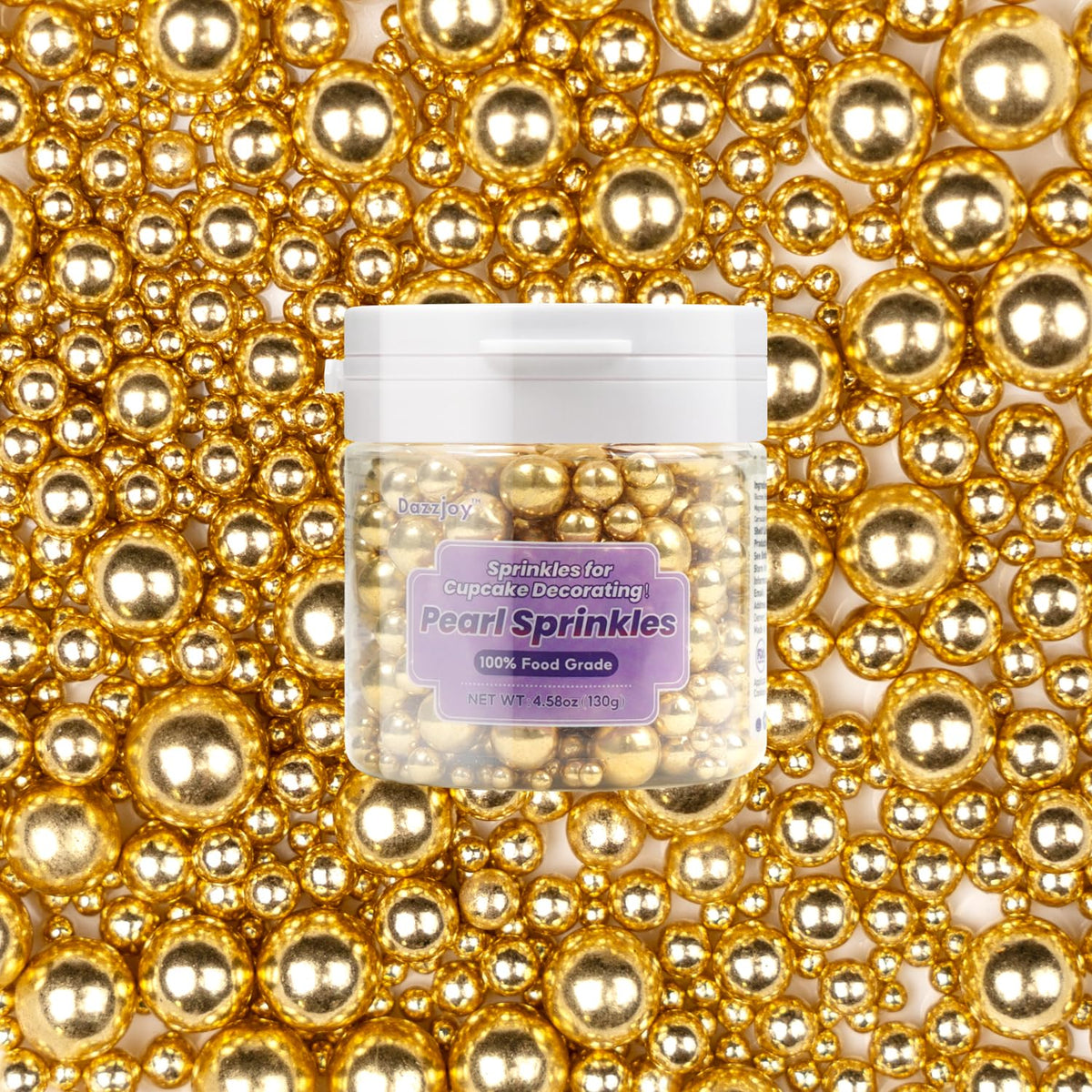 Dazzjoy Gold Pearl Sugar Sprinkles, Edible Candy Sprinkles, Cake Toppers and Cake Decorations, Mix Size, Cookie Decorating, Ice Cream, Wedding Party Valentines Supplies, 130g/4.58oz