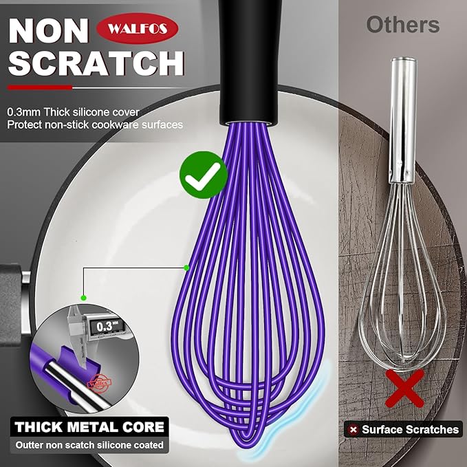 Walfos Whisk,Whisks for Cooking Non Scratch.Silicone Whisk Set of 4 Kitchen Wisk-11in Flat wisk and 7+9+11in Balloon Whisk.Nice for Mixing,Whisking and Stirring.Dishwasher Safe.(4pcs-Colorful)