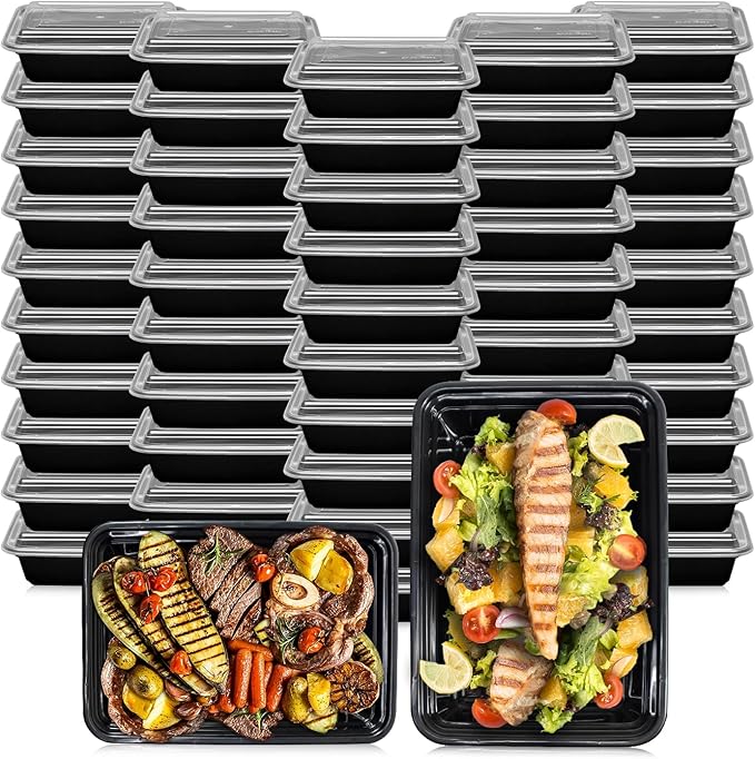 Klex 38 Oz, 150 Sets Meal Prep Containers with Airtight Lids, BPA Free, Reusable Plastic Food Container, 38 oz, Rectangular, Black/Clear, 150 Sets