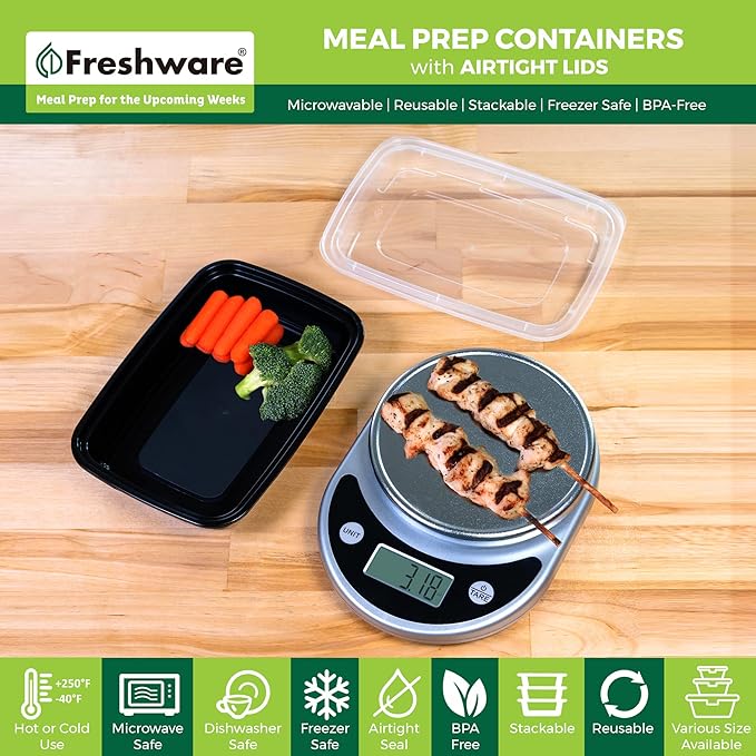 Freshware Meal Prep Containers 1 Compartment Food Storage Containers with Lids, Bento Box, BPA Free, Stackable, Microwave/Dishwasher/Freezer Safe (28 oz), 50 Count (Pack of 6)