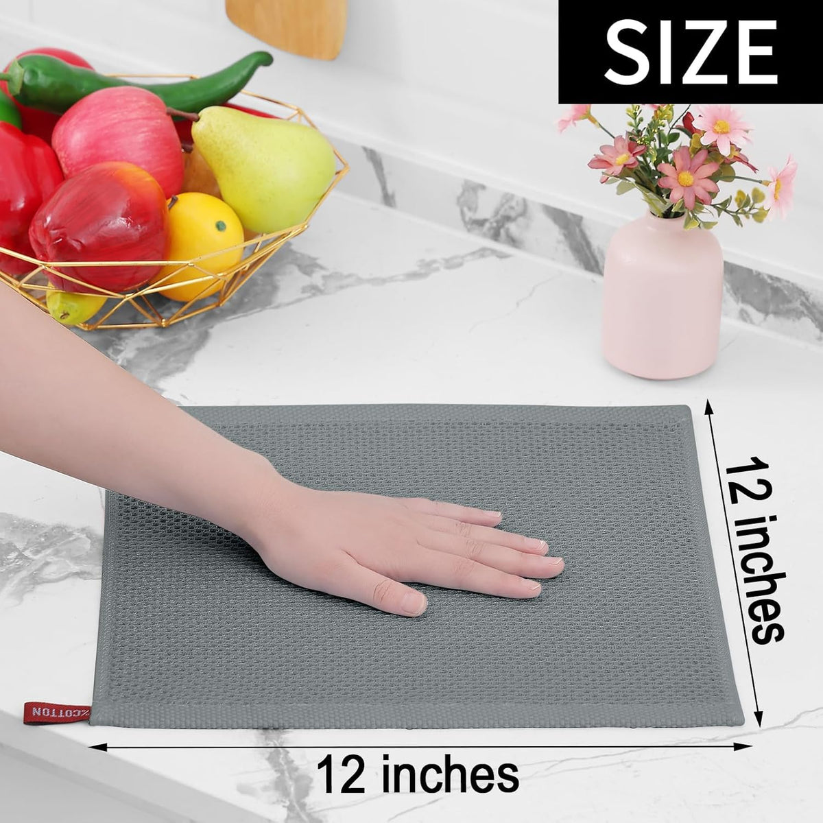 Homaxy 100% Cotton Waffle Weave Kitchen Dish Cloths, Ultra Soft Absorbent Quick Drying Dish Towels, 12 x 12 Inches, 8-Pack, Grey