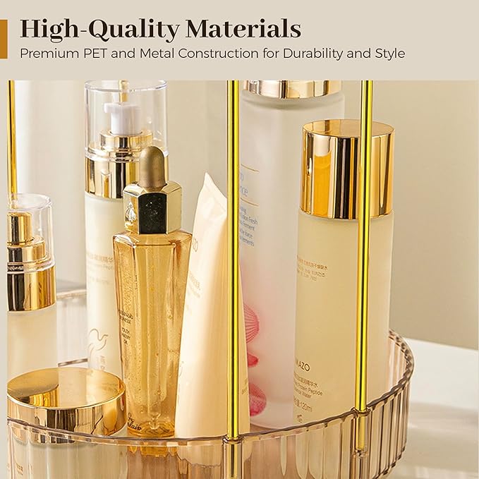Aveniee 360 Rotating Makeup Organizer for Vanity, Upagraded Perfume Skincare Bathroom Counter Organizers with Brush Divider, Two Tier Spinning Lipstick CosmeticLotion Storage,Gold