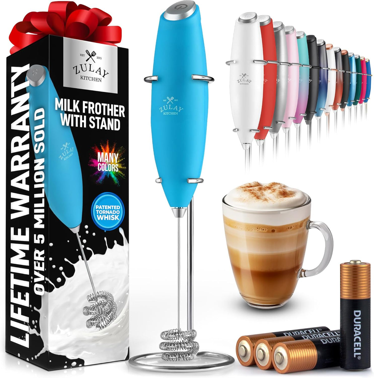 Zulay Kitchen Patented Tornado Triple Whisk Milk Frother with 4 Duracell Batteries – Handheld Foam Maker for Coffee, Lattes, Matcha & Hot Chocolate – Rich, Creamy Froth in Seconds