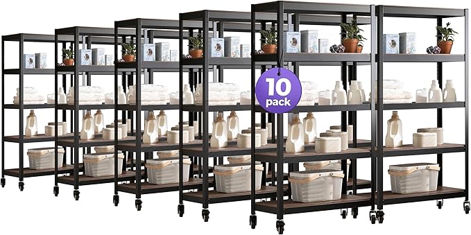 HOMEDANT House 5-Tier Metal Rolling Cart Shelf Rack Casters Heavy Duty Wheel Shelving Unit Adjustable Utility Storage Shelves Organizer Shelf Kitchen Garage 36.2" W x 16.5" D x 69.5" H 10Pack