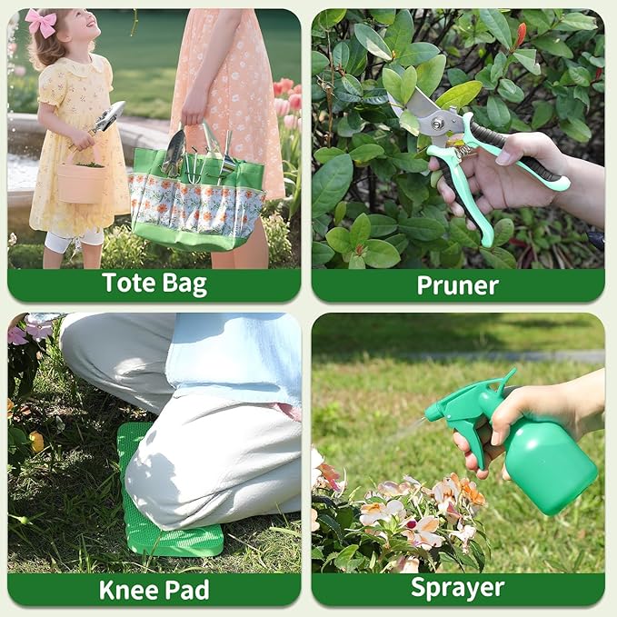 Gardening Tools 10-Piece Heavy Duty Stainless Steel Hand Tools with Durable Garden Tools Storage Tote,Rust-Proof Garden Tool Set, Ideal Gardening Gifts for Women Yellow Floral Pattern Design