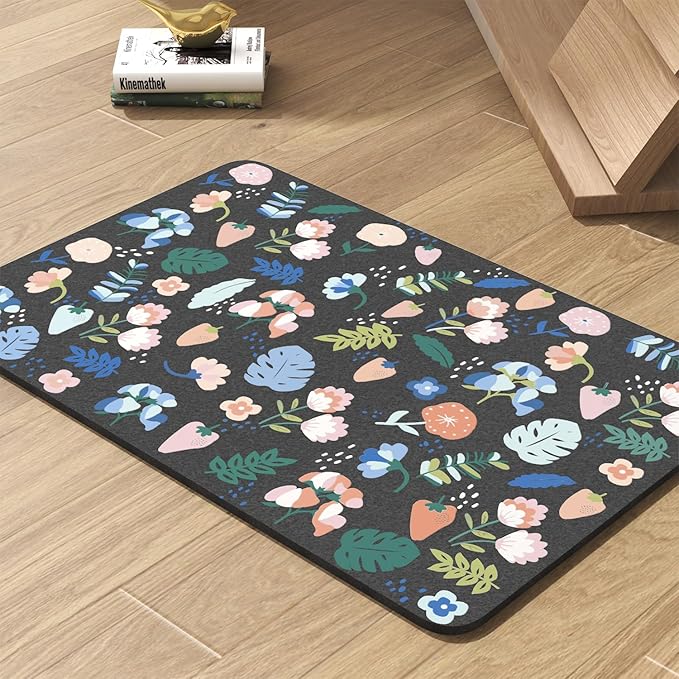 Pet Feeding Mat-Absorbent Dog Mat for Food and Water Bowl-No Stains Quick Dry Water Dispenser Mat-Dog Accessories Pet Supplies-Bowl for Messy Drinkers（DARKFLOWERS,17"x34"