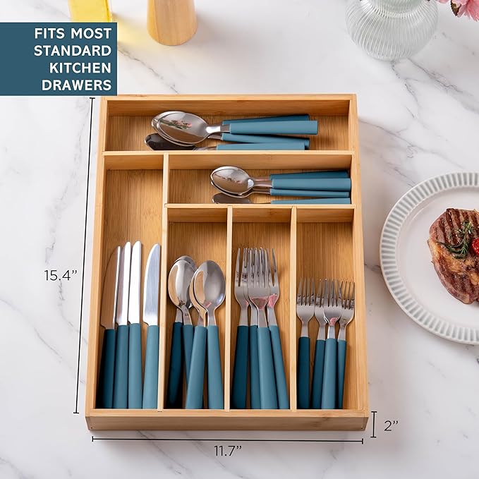 COOK WITH COLOR Bamboo Kitchen Utensil Set with Drawer Organizer | Cooking Tools and Storage Caddy, Blue, 25 Piece Cutlery Set