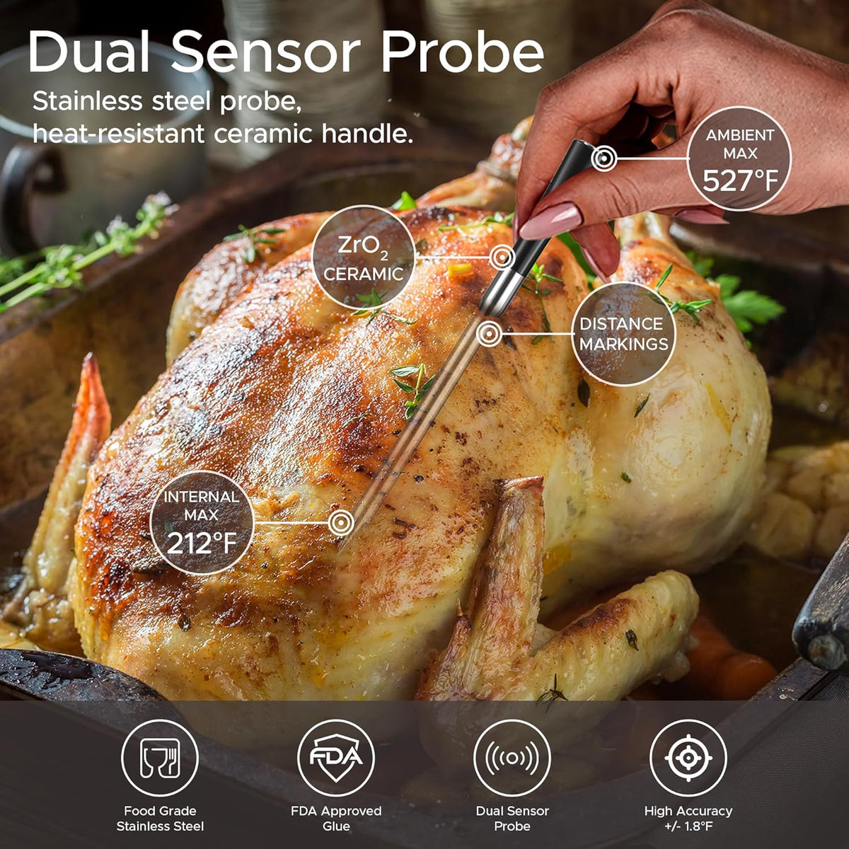 CulinaMeter One: 700FT Wireless Meat Thermometer with LCD Screen, Digital Cooking Food Thermometer for Beef Lamb Turkey, Dual Sensor Measures Internal & Ambient Temp