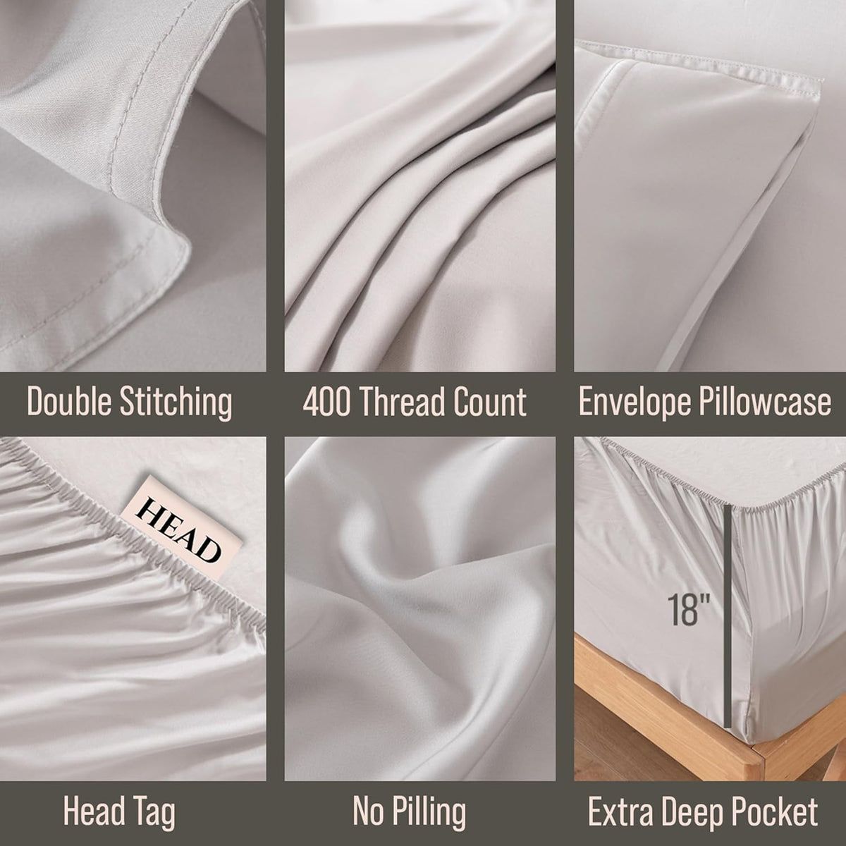 Bella Coterie Luxury Bamboo Viscose Split King Size Sheet Set | 100% Organically Grown | Ultra Soft | Cooling for Hot Sleepers | 18" Deep Pocket [Grey Mist]