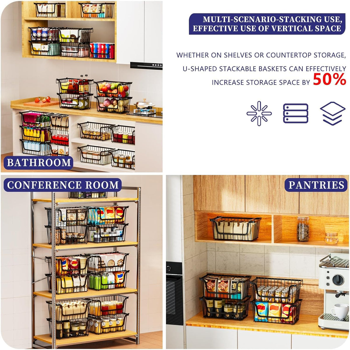 Enhanced Leak-Proof Bottom Stackable Wire Baskets, 5 Pack Pantry Organizers and Storage, pantry storage，Shelf Baskets, Fruit Basket, Potato and Onion Storage Bins，(Black)
