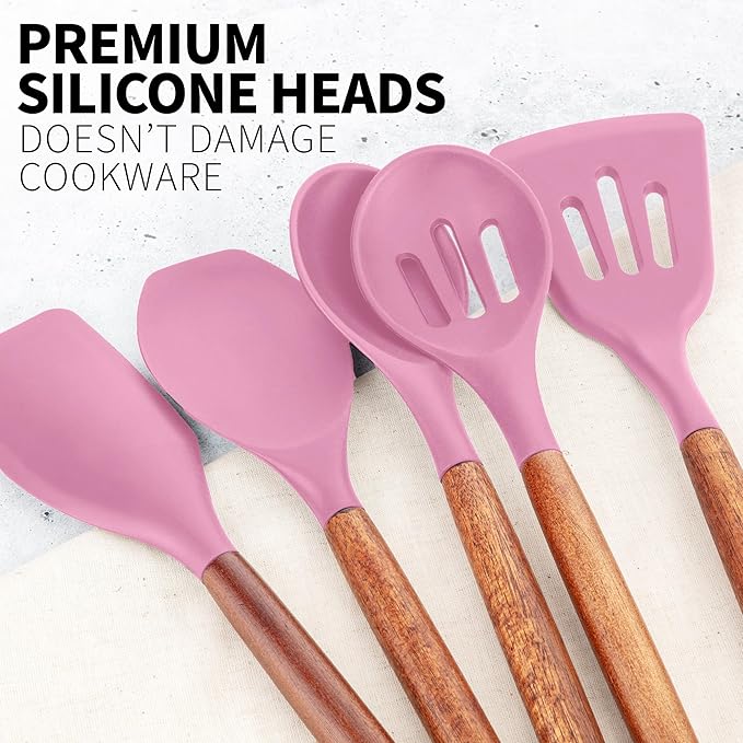 Zulay Kitchen Non-Stick Cooking Utensils Set with Authentic Acacia Wood Handles – 5-Piece Durable & Stylish Silicone Kitchen Utensils Set – Heat Resistant to 464°F – Pink