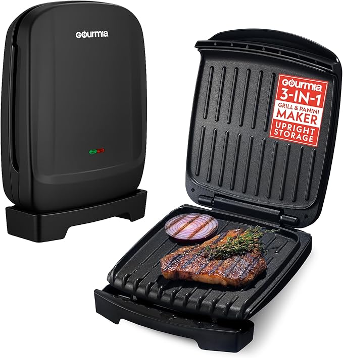 Gourmia Indoor Grill & Panini Maker – 4 Serving Contact or Open Grill, Nonstick Ceramic, Preheat Indicator Light, Slope Design with Removable Dishwasher Safe Drip Tray