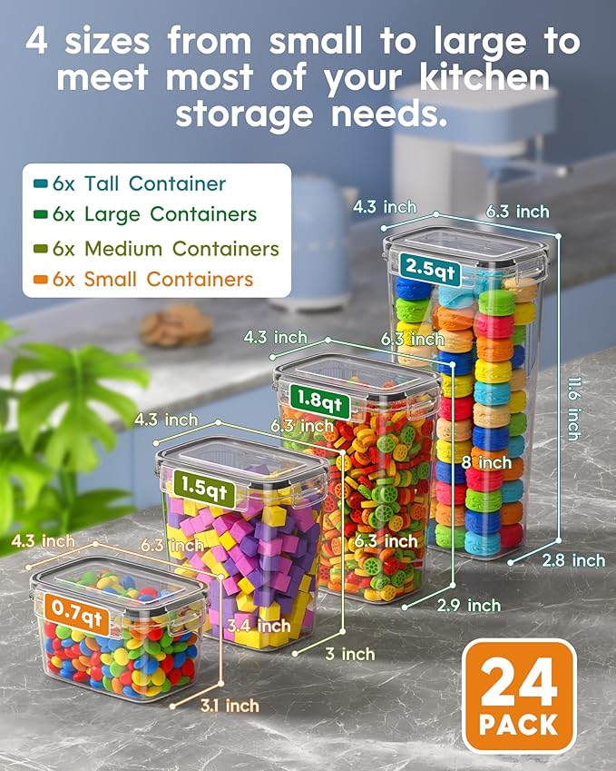 Airtight Food Storage Containers with Lids, 24 PCS Kitchen and Pantry Organization Canisters, BPA-Free, PVC-Free, Food-grade Plastic Leak-proof Jars for Cereal, Flour, Sugar, Extra 24 Labels & Marker