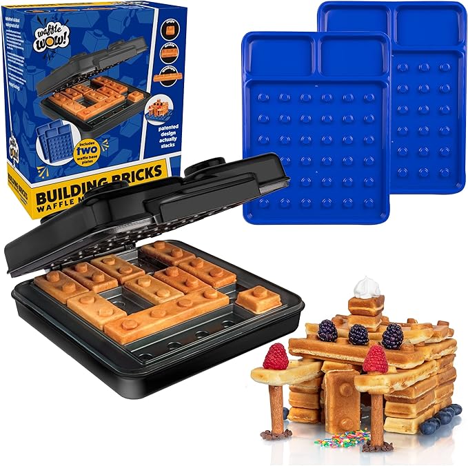 Building Brick Electric Waffle Maker- BLACK with 2 Construction Eating Plates- Cook Fun Shaped Waffles Pancakes like Houses, Cars & More- Stack & Build Creations on Serving Dishes, Morning Activity