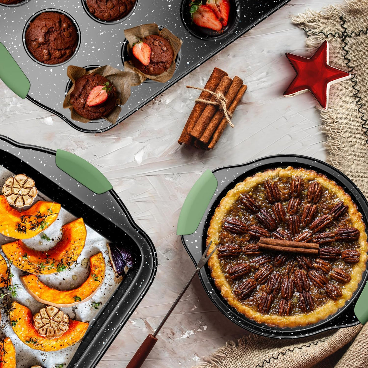 11-Piece Nonstick Bakeware Set, Stackable & Oven-Safe Kitchen Baking Pans with Silicone Handles - Includes Cookie Sheet, Cake Pan, Muffin Tin, Pizza Stone & Bread Loaf Pan, Dark Green&Black