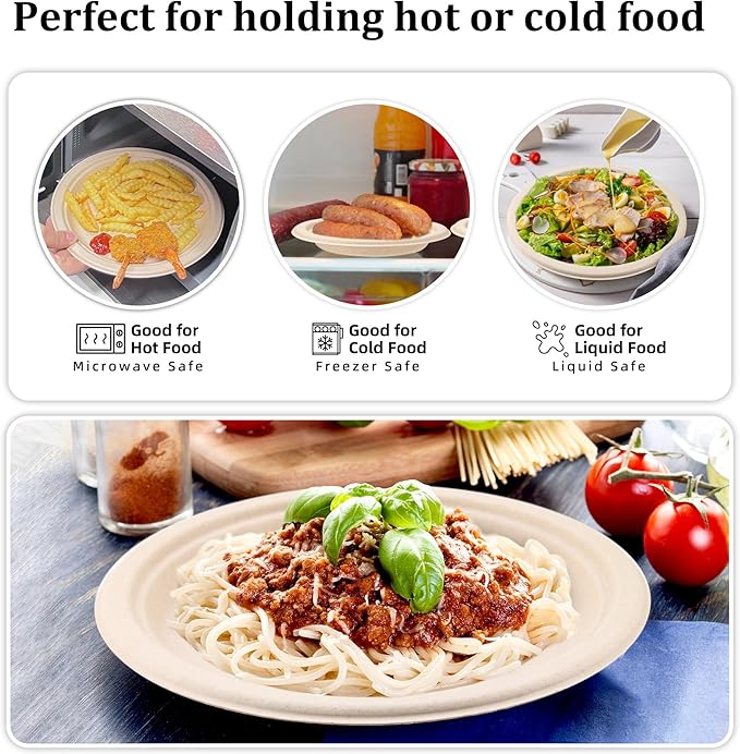 Compostable Paper Plates Set, 250PCS Disposable Heavy-Duty Sugarcane Plate and Eco-Friendly Utensil Biodegradable Dinnerware Plates, Extra Long Forks & Knives & Spoons for Party