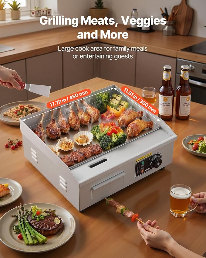 VEVOR Commercial Electric Griddle, 17.72 x 11.81 inch, 1750W, 122-570°F Adjustable Temp Control, Stainless Steel Countertop Flat Top Grill with 2 Spatulas, 2 Brushes, and 4 Foot Pads, for Steak