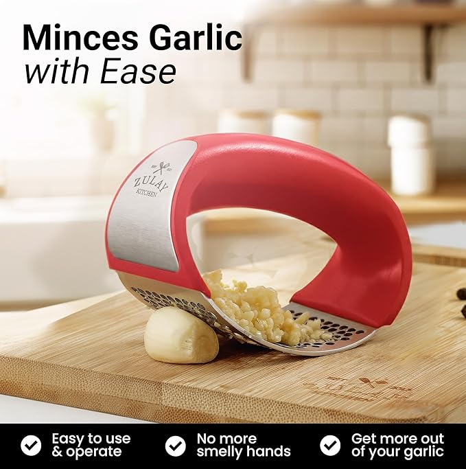 Zulay Kitchen Stainless Steel Garlic Press Rocker Set - Premium Garlic Mincer Garlic Crusher - New Innovative Garlic Crusher with Peeler and Scraper - Comfortable Grip (Red)
