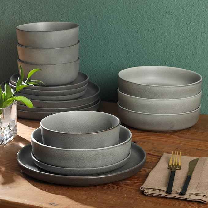 Gibson Elite Pasco 16 Piece (Service for 4) Plates and Bowls Double Bowl Reactive Glaze Dishes Stoneware Ceramic Dinnerware Set - Grey