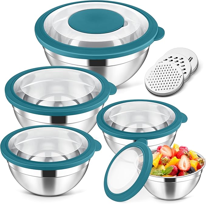 Herogo 5-Piece Mixing Bowls with Airtight Clear Lids, 3 Grater Attachments, Stainless Steel Large Bowls of 5 for Kitchen, Size 4.6, 3.5, 2.5, 2, 1.5QT Ideal for Mixing and Serving, Blue