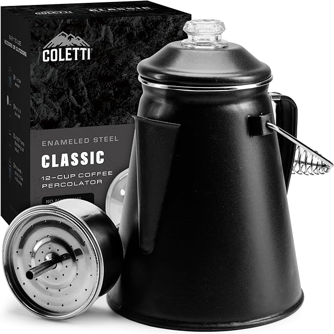 COLETTI Classic Percolator Coffee Pot — The Most Nostalgic Camping Coffee Pot, Now Modernized [Matte Gray Enamel, 12 Cup]