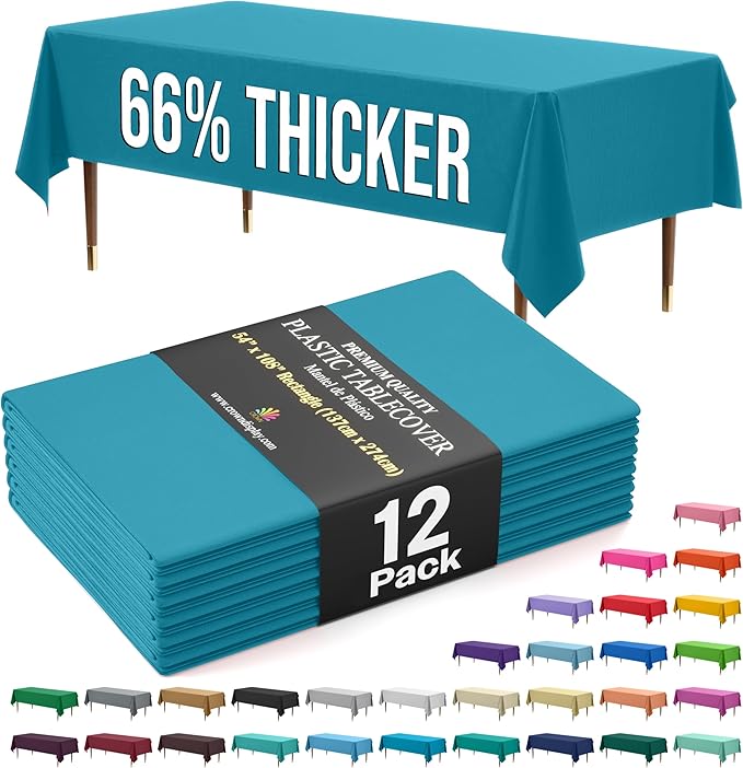 Exquisite 66% Thicker Premium Plastic Table Cloth Rectangle Table Cover 0.5 Mil 12 Pack Turquoise Table Cloth 54 Inch x 108 Inch Disposable Tablecloth Won't Tear Easily Like Cheap Thin Brands