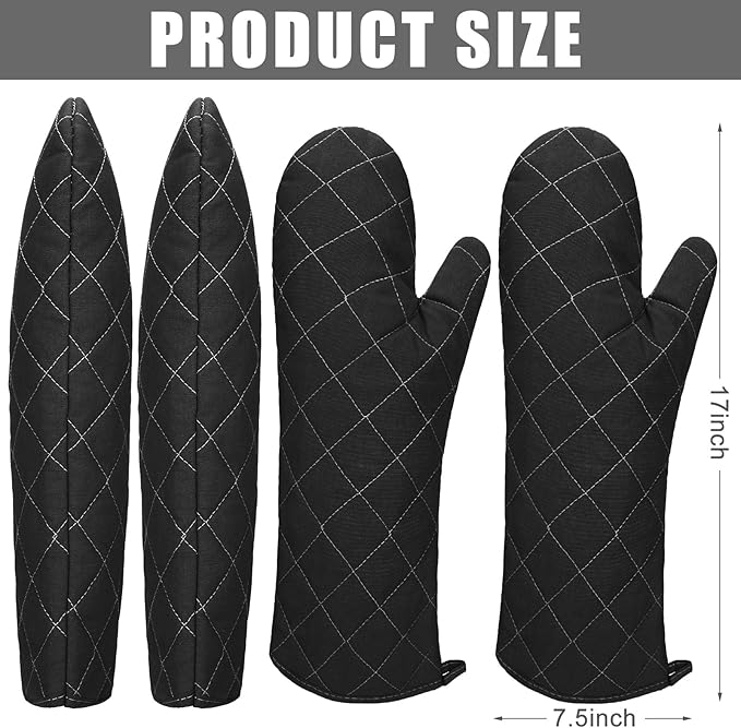 2 Pairs 17 Inch Extra Long Oven Mitts Heat Resistant Cotton Lining Oven Thick Gloves Kitchen Food Service Mittens for Pot Holders Cooking Baking BBQ, up to 482f (Black)
