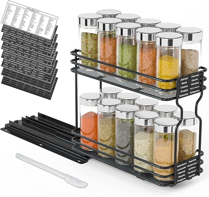 SpaceAid Pull Out Spice Rack Organizer for Cabinet, Heavy Duty Slide Out Seasoning Kitchen Organizer, Cabinet Organizer, with Labels, 4.5" W x10.75 D x8.5 H, 1 Drawer 2-Tier