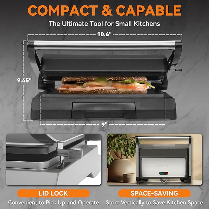 Baker's Friend Mini Panini Press Electric Griddle, 2 Slices of Panini Grill Press Sandwich Maker Press, Sandwichera Electrical for Pancakes & Eggs, Oil Tray, Non Stick Surfaces, Stainless Steel