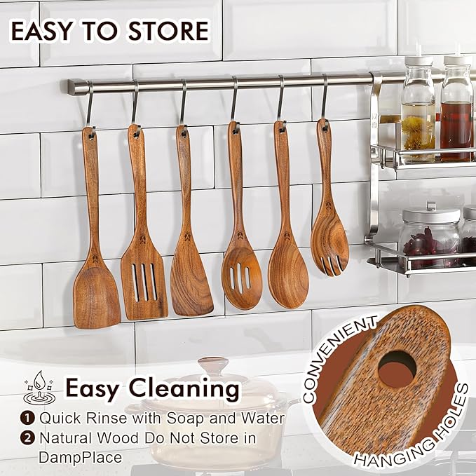 Wooden Spoons for Cooking, 6 Pcs Natural Teak Wooden Kitchen Utensils Set, Cooking Utensils Set with Long & Comfort Grip, Wooden Spoons Spatula Set Perfect for Non-Stick Cookware