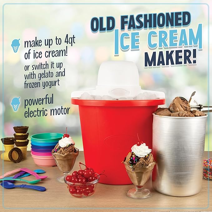 Nostalgia Electric Ice Cream Maker – Parlor Style, Old Fashioned Soft Serve Ice Cream Machine Makes Frozen Yogurt or Gelato in Minutes - Fun Kitchen Appliance – Red - 4 Quart