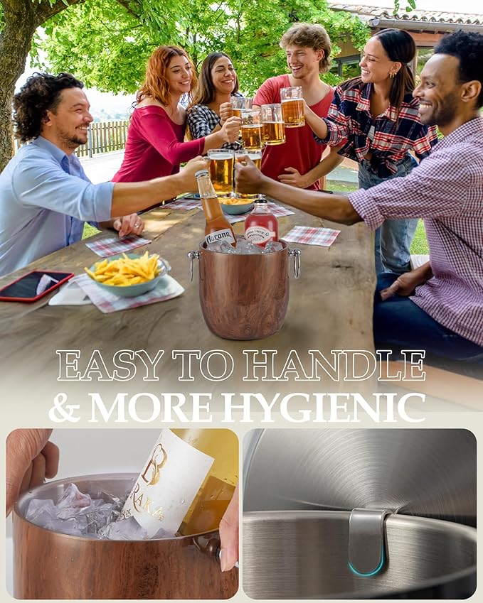 Insulated Ice Bucket, 3L Double Wall Stainless Steel Ice Bucket with Tongs,Lid, Scoop and Strainer, Ice Buckets for Parties,Cocktail Bars, Chilling Beer, Champagne, Wine Bottles,Wood