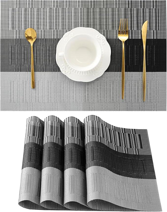 Leetaltree Grey with White Striped Placemats Set of 4 - Heat Resistant Non-Slip Place mats for Dining Table, Washable Durable PVC Vinyl Woven Table Mats（Grey Stripe, 4）