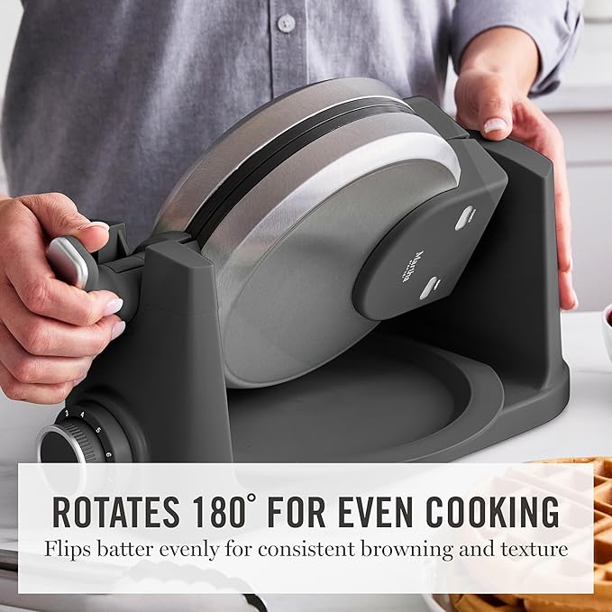 Martha Stewart Rotating Waffle Maker, 180° Flip Iron with PFAS-Free Nonstick Plates, Adjustable Timer, Ready Light, Drip Tray, Space Saving, Classic Round 7”, Easy to Clean, Stainless Steel, Caviar