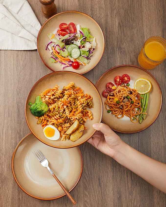 16 Piece Double Bowl Plates and Bowls Sets, Ceramic Dinnerware Sets with Pasta Bowls, Dishwasher & Microwave Safe Dish Set, Scratch Resistant Stoneware Plate Set, Service for 4 Brown Yellow
