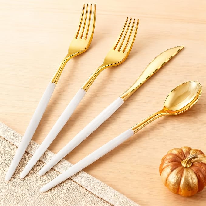 SUT Gold Plastic Silverware, 160Pcs Gold Utensils Set Disposable, 80 Gold Plastic Forks, 40 Gold Knives, 40 Gold Spoons, Gold Plastic Cutlery for Parties, Dinners, Weddings(White Gold)