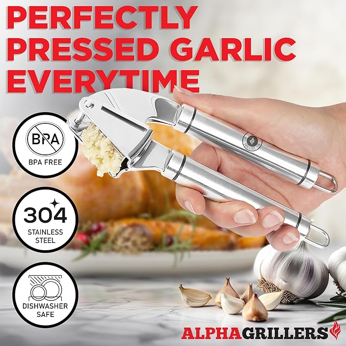 Alpha Grillers Garlic Press Stainless Steel - Professional Garlic Mincer and Crusher with Silicone Peeler Dishwasher Safe