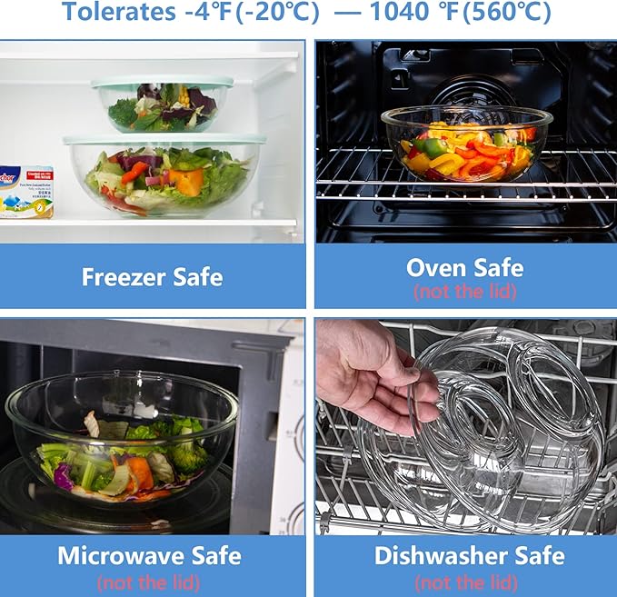 WhiteRhino 8 Piece Glass Bowls with Lids, Heat Resistant Glass Mixing Bowls Set (3.7QT, 2.1QT, 1.1QT, 0.53QT), Clear Salad Bowls with BAP-Free Lids for Kitchen, Oven Microwave Dishwasher Safe