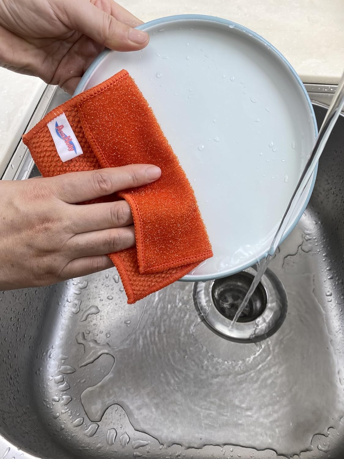 24 Pack Microfiber Scrub Dish Cleaning Cloth, Non-Scratch, Reusable & Durable for Pan Pot Dish Cooktop Stovetop Counter Kitchen Household, Machine Washable, 6 x 6 Inch, Orange, Blue & Green Assorted