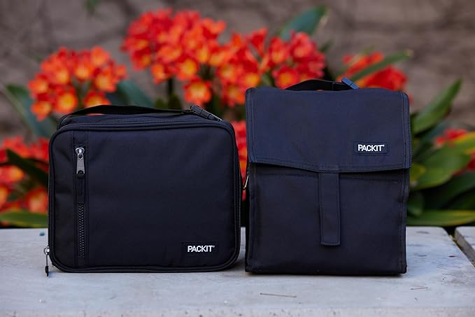 PackIt Freezable Lunch Bag, Black, Built with EcoFreeze Technology, Foldable, Reusable, Zip and Fold Closure with Buckle Handle, Perfect for School and Office Lunches