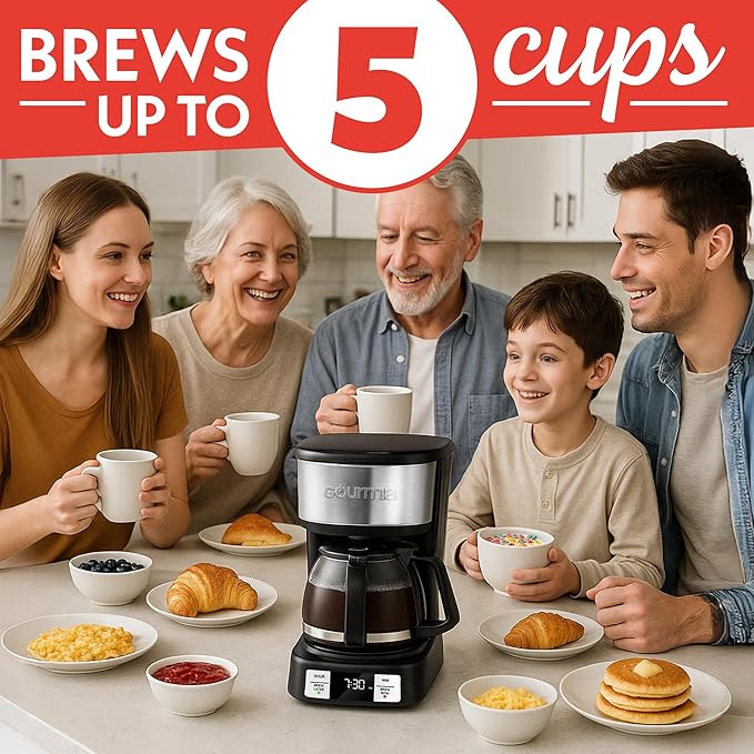 Gourmia Drip Coffee Maker – 5 Cup, One-Touch Brew, Pause & Serve, Adjustable 4 Hr Keep Warm, EZ-View Water Window, Black