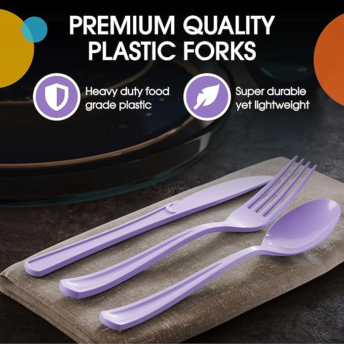 Party Solids Lavender Plastic Silverware Heavy Duty 150 Pieces Lavender Plastic Cutlery Sets, Utensil Sets, 50 Of Each Forks, Knives & Spoons Disposable Cutlery Set, Flatware Set For Party Supplies