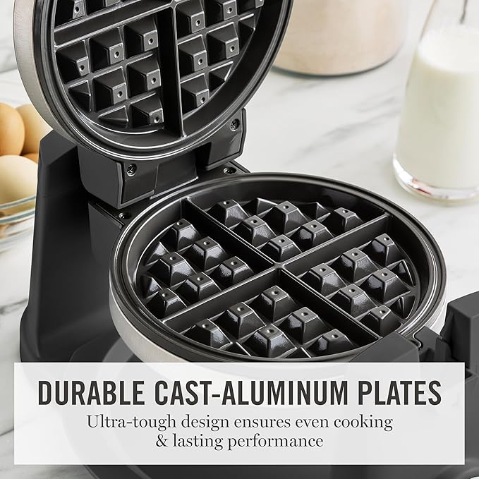 Martha Stewart Rotating Waffle Maker, 180° Flip Iron with PFAS-Free Nonstick Plates, Adjustable Timer, Ready Light, Drip Tray, Space Saving, Classic Round 7”, Easy to Clean, Stainless Steel, Caviar