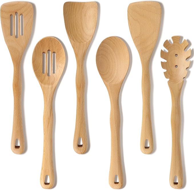 Wooden Spatula Set, 6 Pack Kitchen Wood Slotted Spoon Spatulas Turner Utensils for Cooking, Non Toxic Solid Wooden Spatulas Natural Wood Serving Spoons Spaghetti Utensil Set for Nonstick Cookware