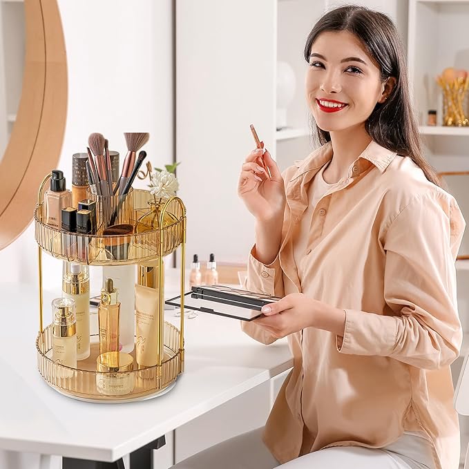 Aveniee 360 Rotating Makeup Organizer for Vanity, Upagraded Perfume Skincare Bathroom Counter Organizers with Brush Divider, Two Tier Spinning Lipstick CosmeticLotion Storage,Gold