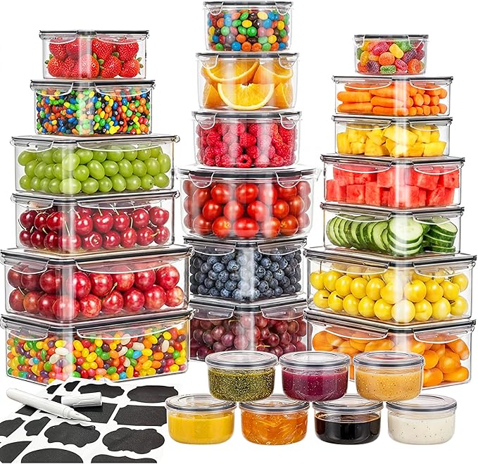 52 Pcs Food Storage Containers with Lids Airtight (26 Containers & 26 Lids) - Leakproof Meal-Prep Container for Kitchen Storage and Organization, Stackable Plastic Food Containers with Labels & Pen